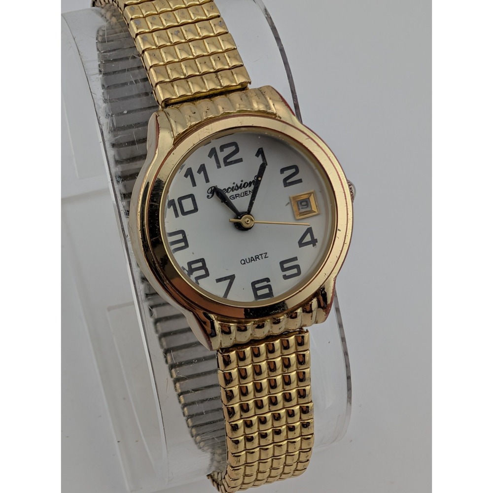 Precision by Gruen Watch Women 25mm Gold Stretch Band White Dial- New Battery